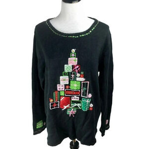 Tiara Christmas Pullover Sweater, Gift Tree Embroidery Bead Sequin Black Plus 1X